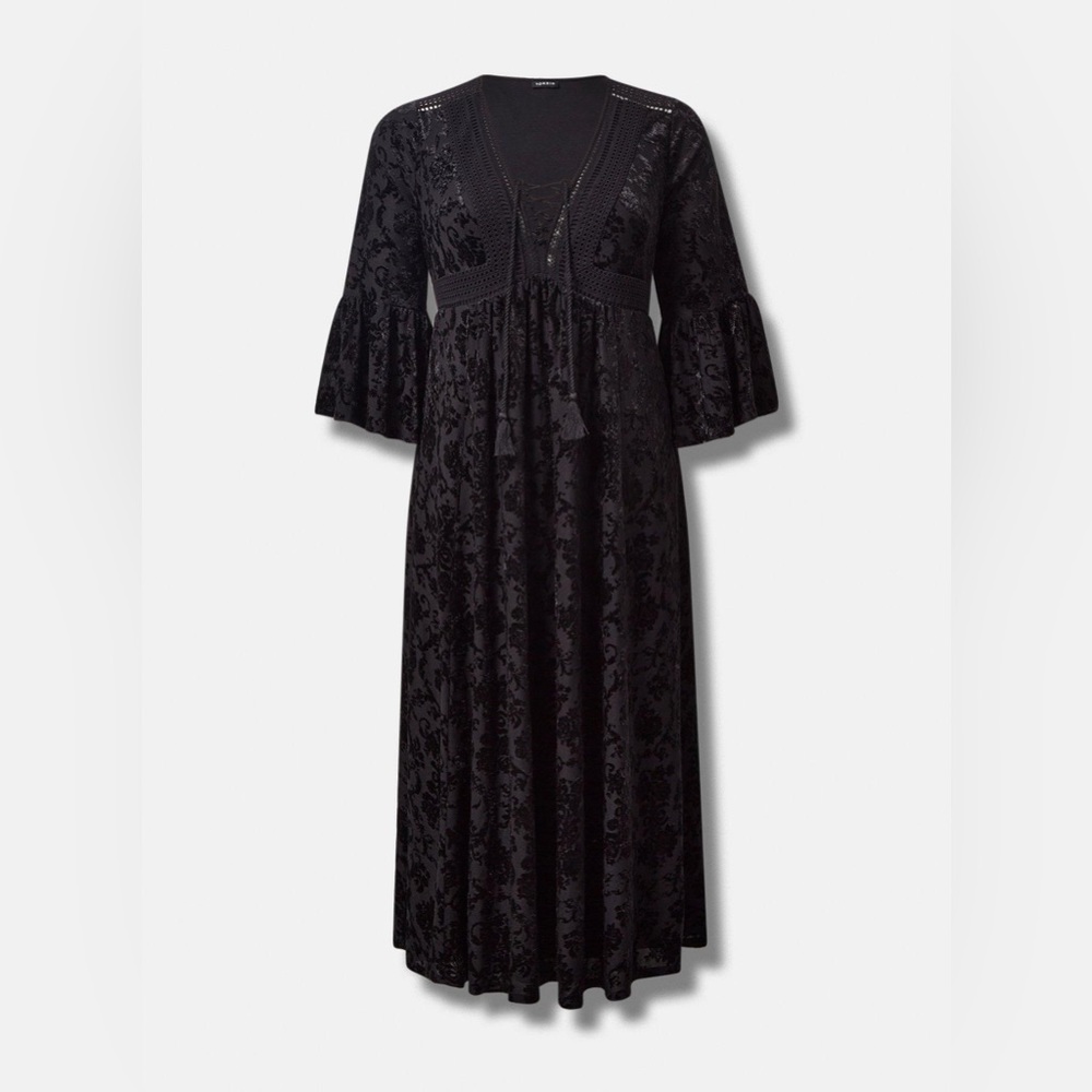 Torrid Maxi Burnout Velvet Lace Up Bell Sleeve Dress